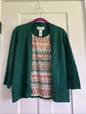 Alfred Dunner Emerald Green Open-Front Cardigan with Knit Trim